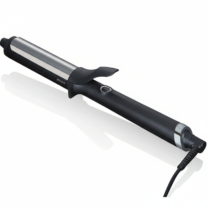 Black and silver hair curling iron on a white background