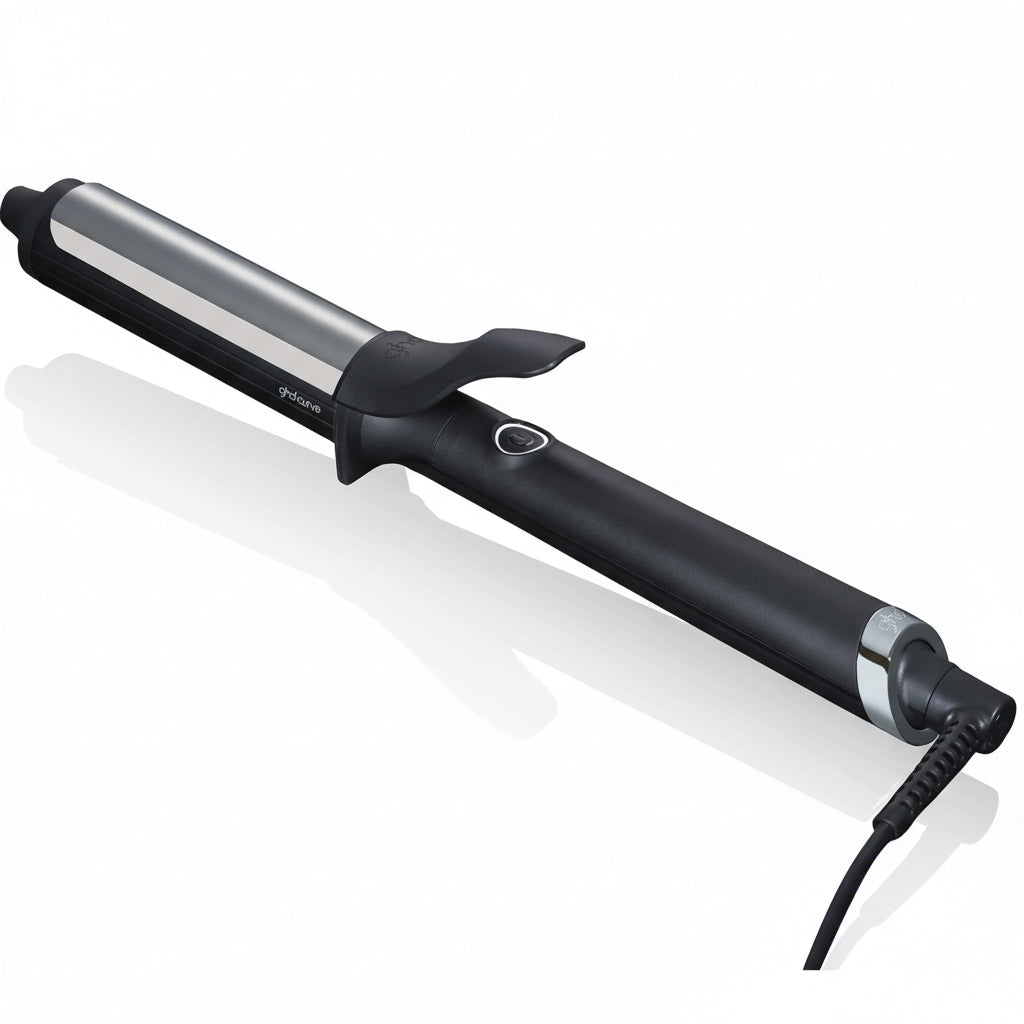 Black and silver hair curling iron on a white background